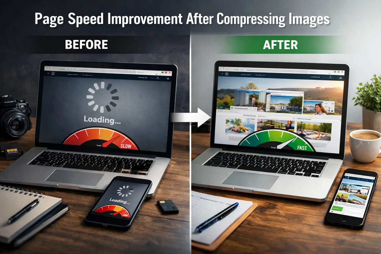 Before and after example of page speed improvement after compressing images