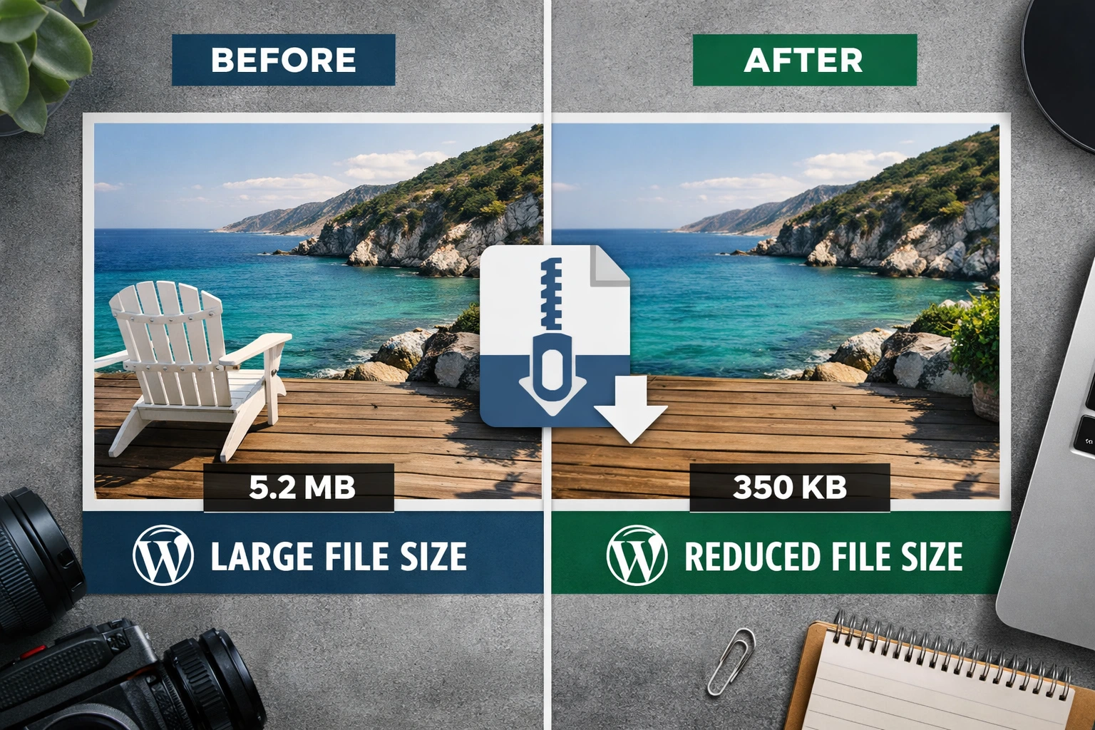 Before and after image compression example showing size reduction for WordPress