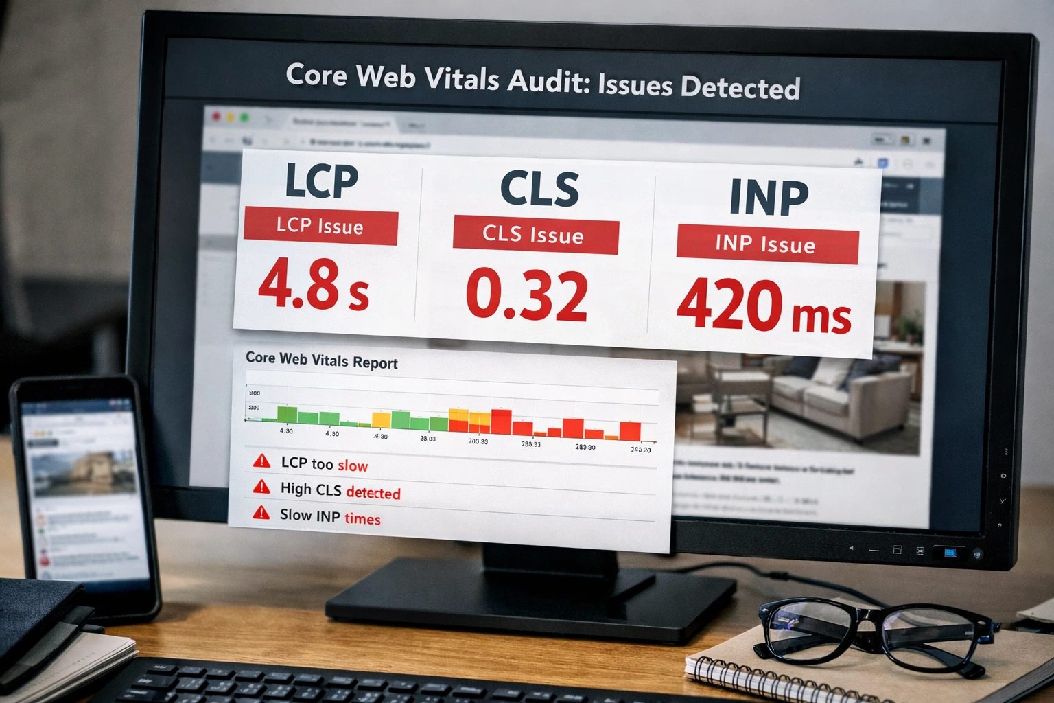 Core Web Vitals audit showing LCP CLS and INP issues on a real website