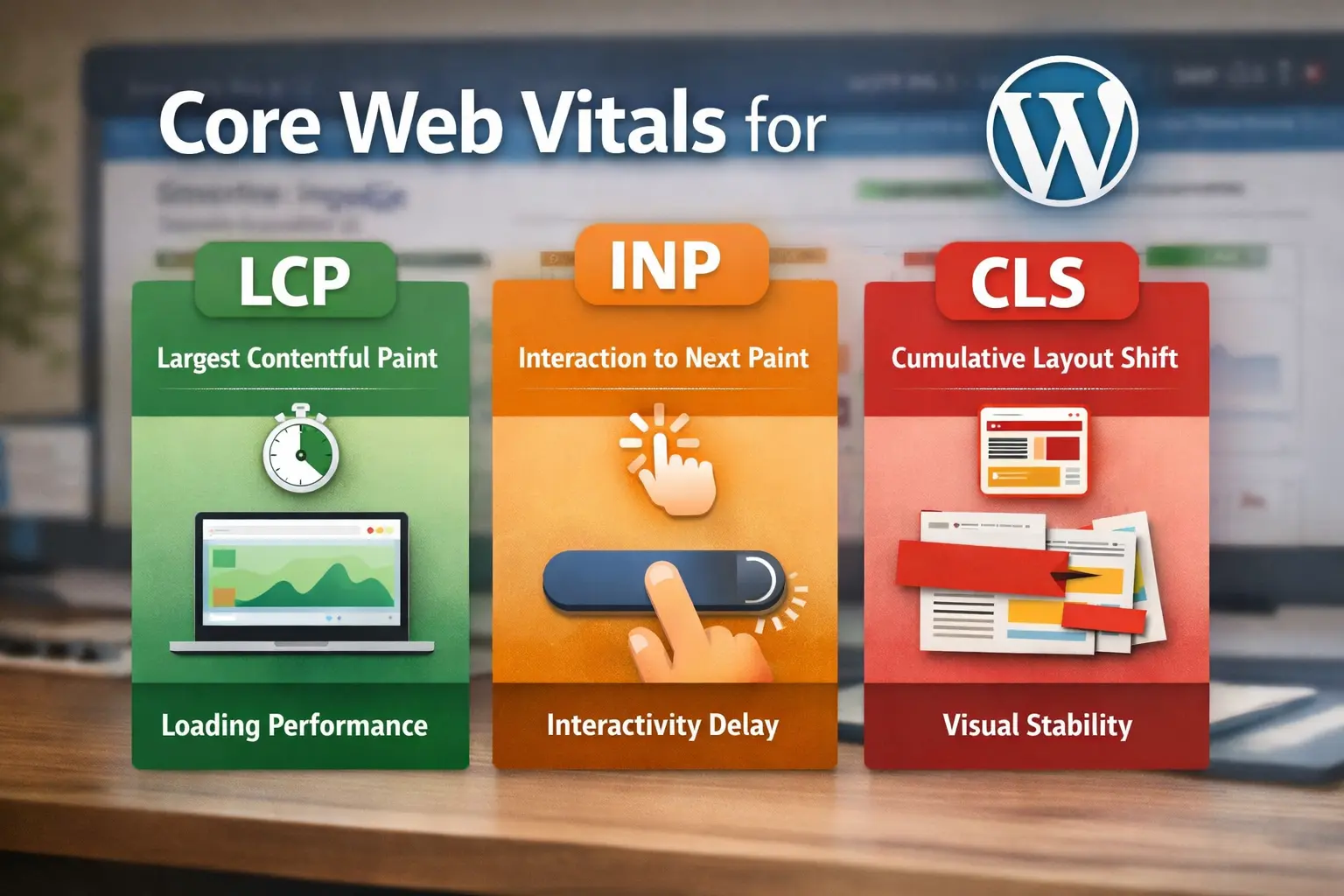 Core Web Vitals for WordPress showing LCP INP CLS with simple explanations