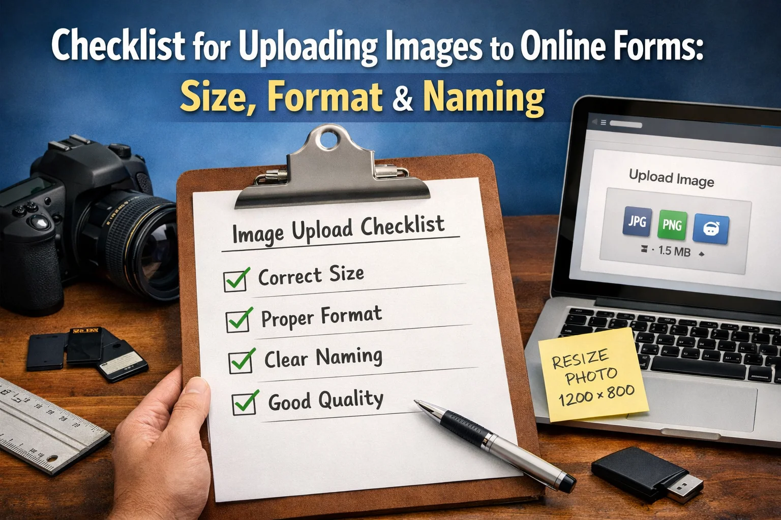 Checklist for uploading images to online forms including size, format, and naming