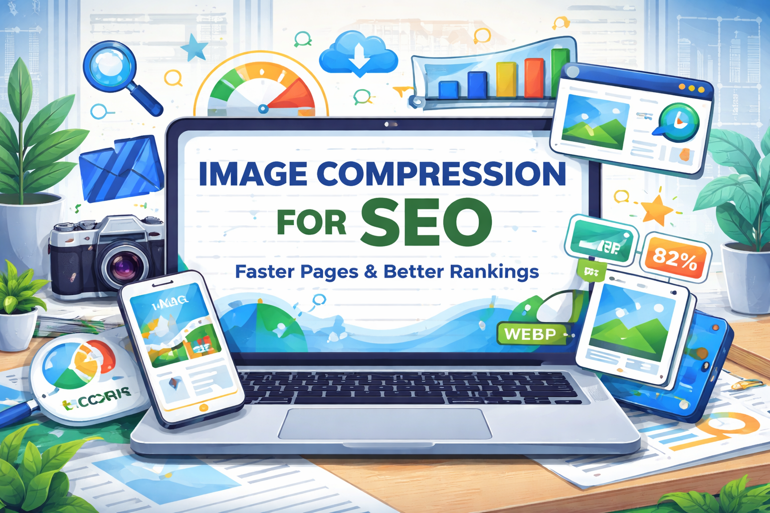 Illustration showing how image compression improves website page speed and SEO performance
