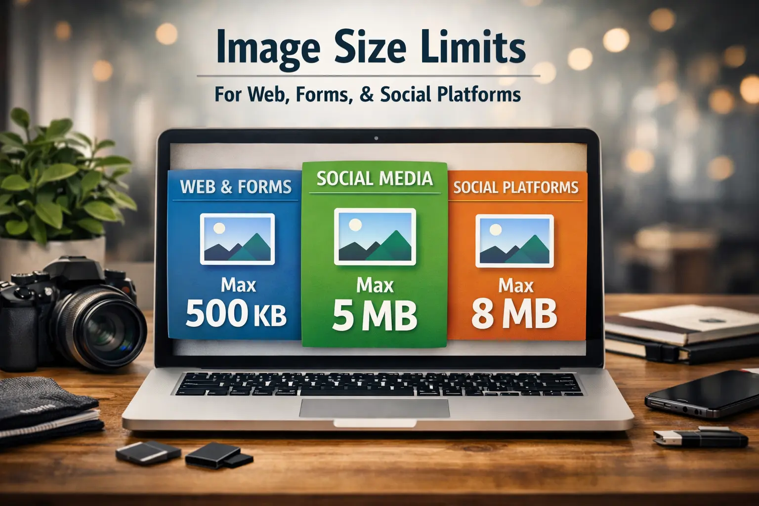 Illustration showing image size limits in KB and MB for web, forms, and social platforms