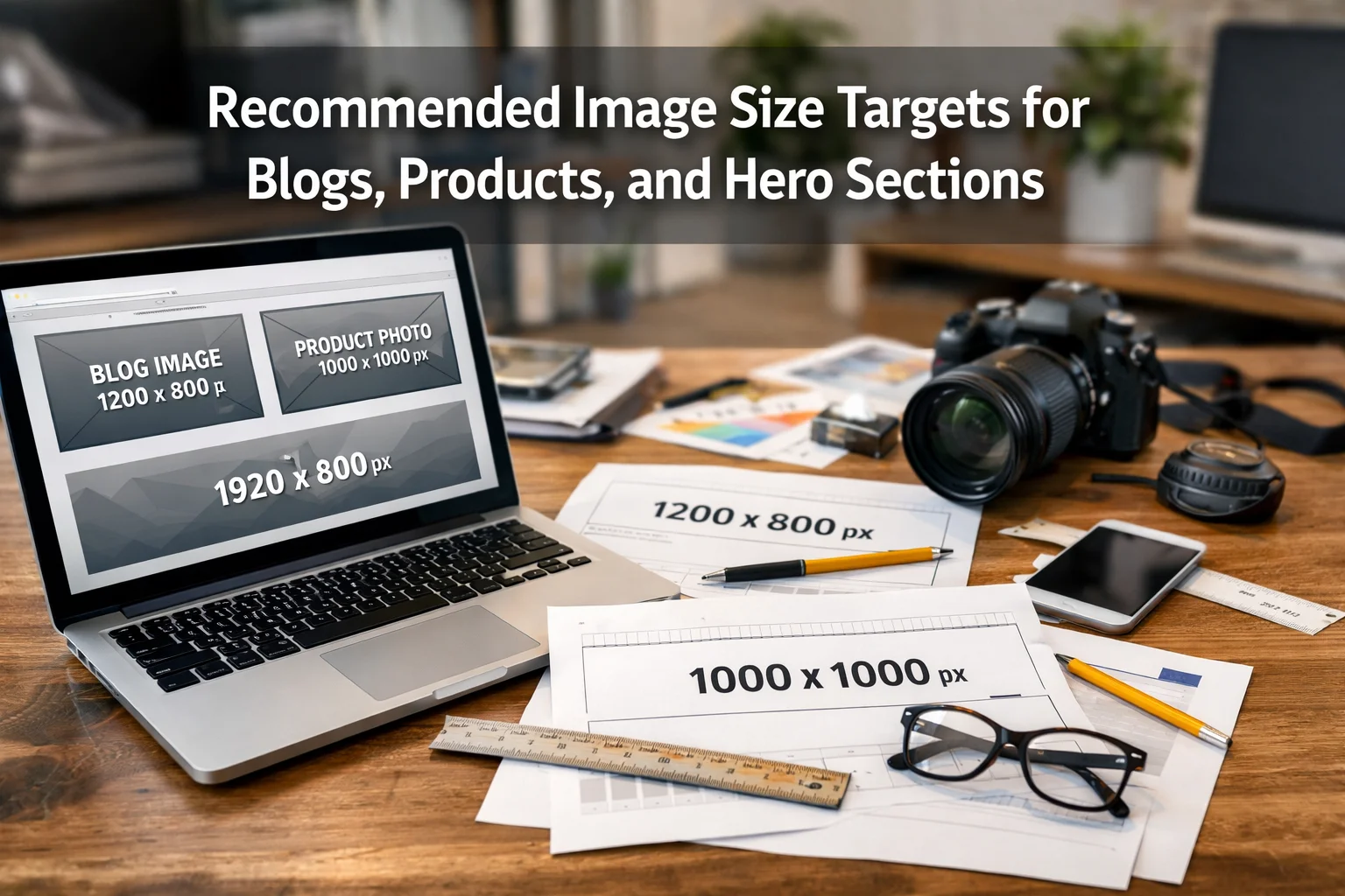 Recommended image size targets for blogs, products, and hero sections
