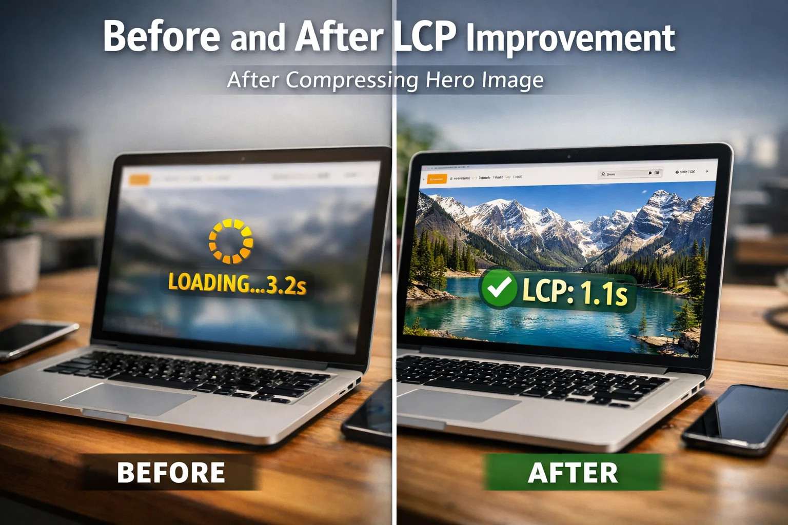 Before and after LCP improvement after compressing hero image