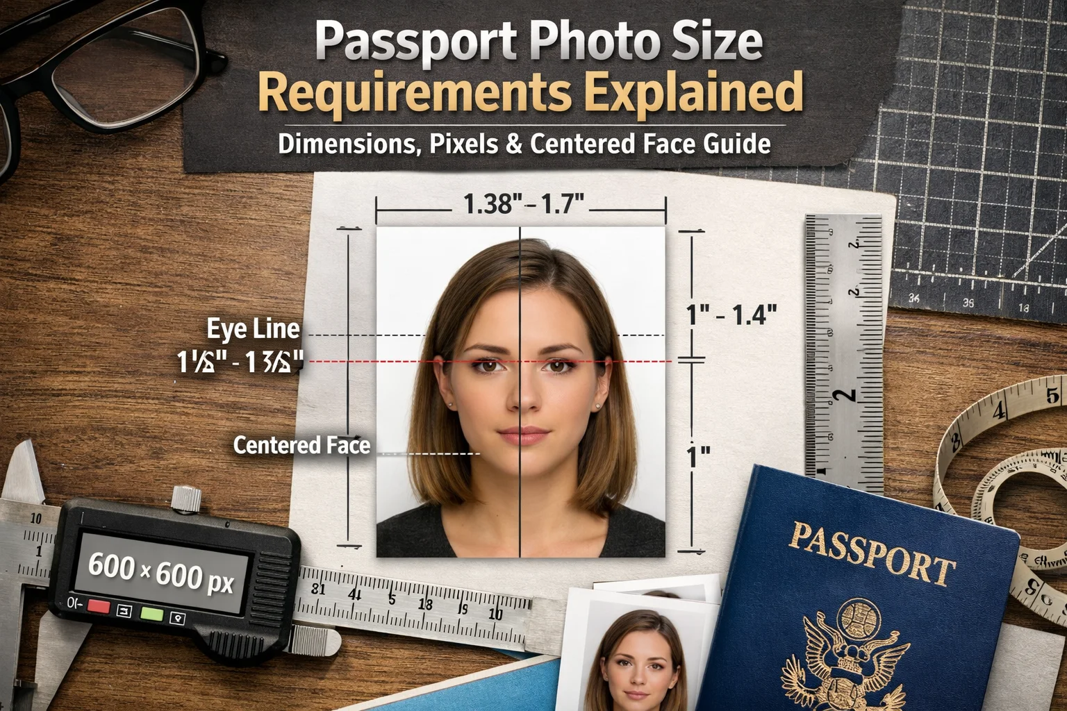 Passport photo size requirements explained with dimensions, pixels, and a centered face guide
