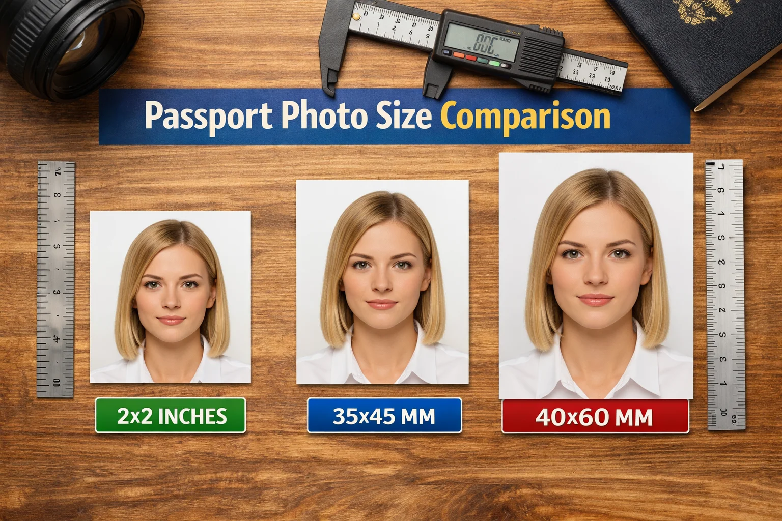 Comparison chart of common passport photo sizes: 2x2 inches, 35x45 mm, and 40x60 mm