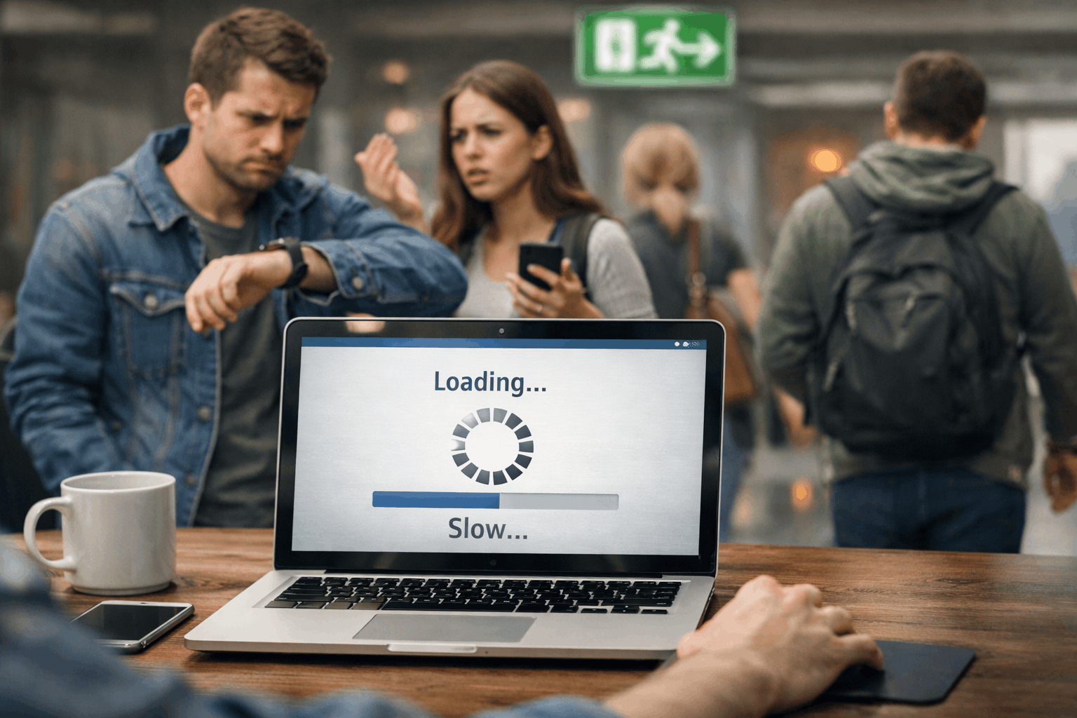 Illustration showing a slow loading website causing users to leave