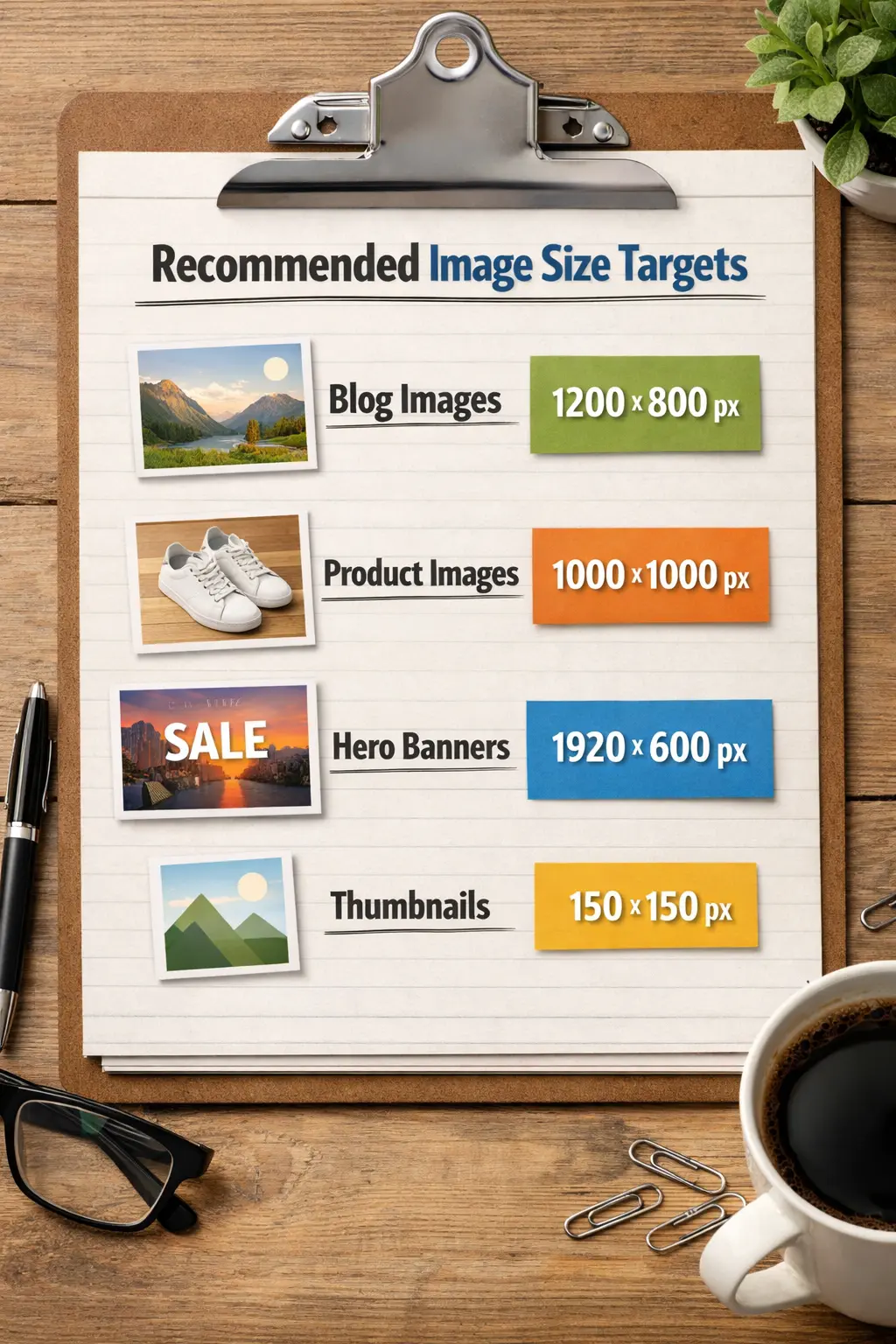 Simple chart showing recommended image size targets for blog images, product images, hero banners, and thumbnails