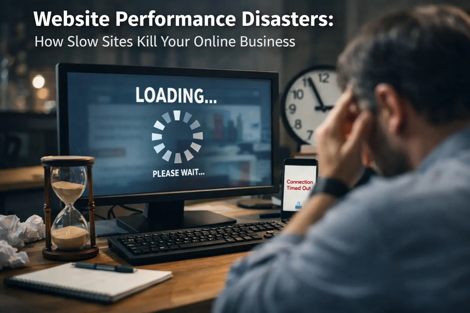 Website performance disaster showing a slow loading website frustrating a business owner