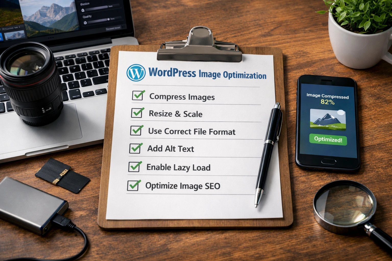 Checklist graphic for WordPress image optimization steps